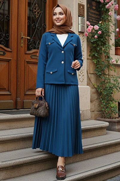 N.S NEVA STYLE Jacketed Petrol Blue Hijab Double Set 62011Pm