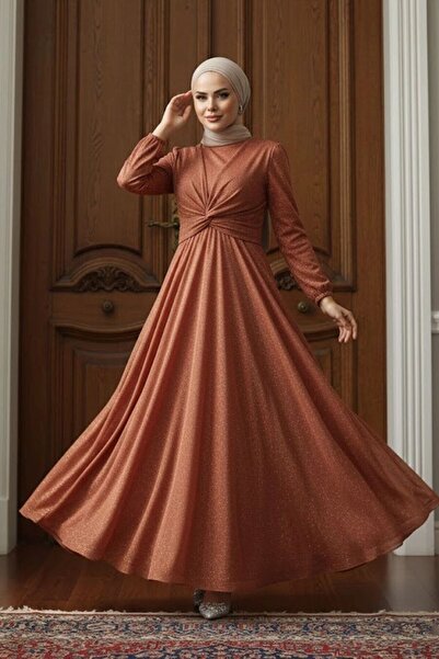 Neva Style Simli Kiremit Tesettür Abiye Elbise 5397KRMT
