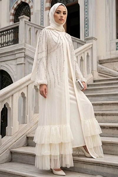 Neva Style Payet Detaylı Krem Tesettür Abaya 61841KR