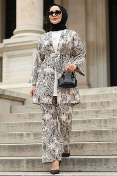 Neva Style Patterned Black Hijab Double Kimono Set 12122S