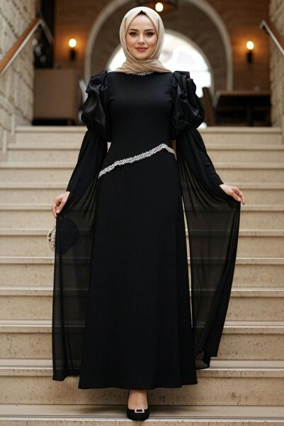 N.S NEVA STYLE Black Hijab Evening Dress with Cape Detail 4873S