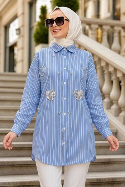 Neva Style Appliqué Detailed Striped Poplin Ice Blue Hijab Shirt 15743Bzm