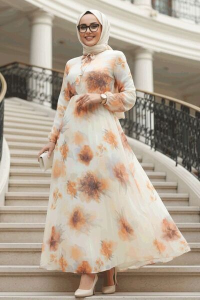 Neva Style فستان حجاب برتقالي منقوش 50356T