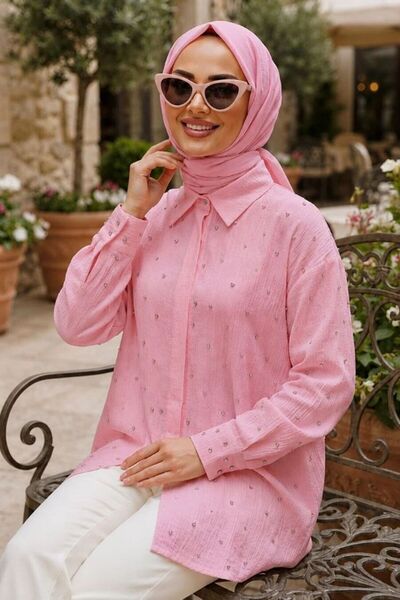 Neva Style Taş Detaylı Pembe Çilek Kumaş Tesettür Gömlek 10861P