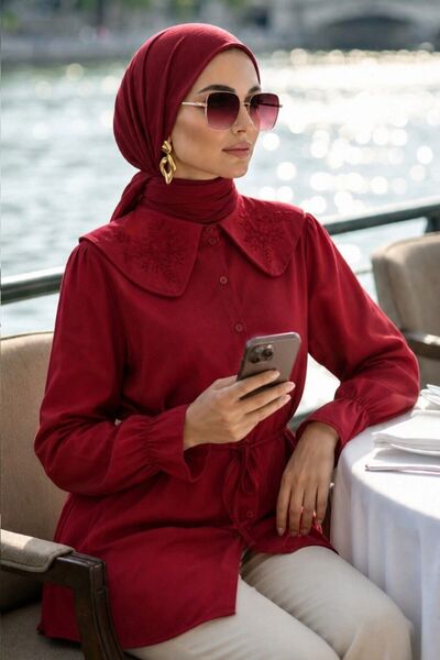 N.S NEVA STYLE Poplin Kırmızı Nakışlı Bebe Yaka Tesettür Tunik 20378K