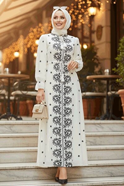 Neva Style Desenli Bej Tesettür Elbise 13503BEJ