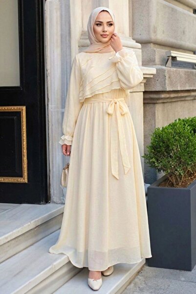 N.S NEVA STYLE Katlı Fırfır Detaylı Kemerli Sarı Tesettür Elbise 5332SR
