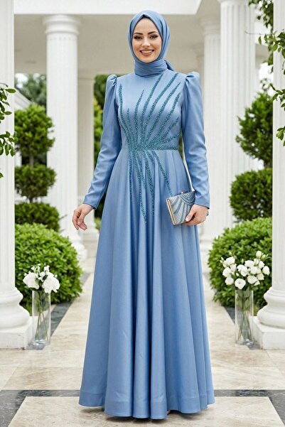 Neva Style Beaded Indigo Blue Satin Hijab Evening Dress 2265Im