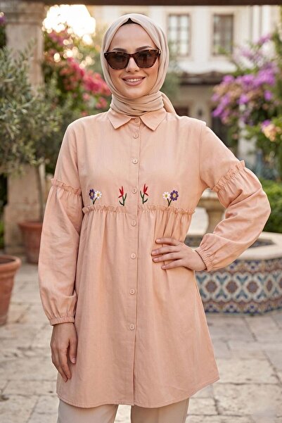 N.S NEVA STYLE Embroidery Patterned Beige Hijab Tunic 40603Bej
