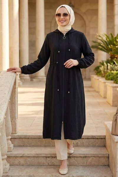 Neva Style Kapüşonlu Siyah Tesettür Kap 15471S