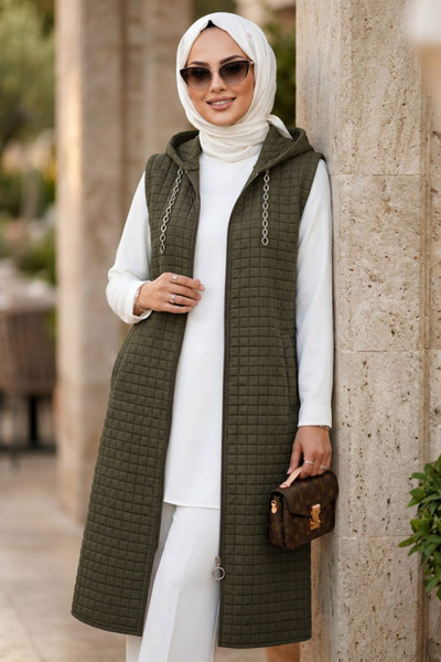 Neva Style Hooded Dark Khaki Hijab Vest 30415Khk