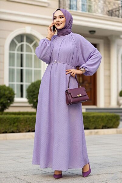 Neva Style Patterned Lilac Hijab Dress 14291Lila