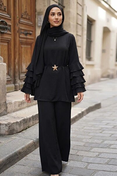 Neva Style طقم حجاب أسود بتفاصيل أكمام مطوية 26155S