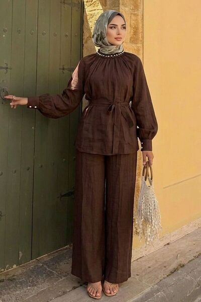 Neva Style Stone Detailed Collar Brown Hijab Suit 26145Kh