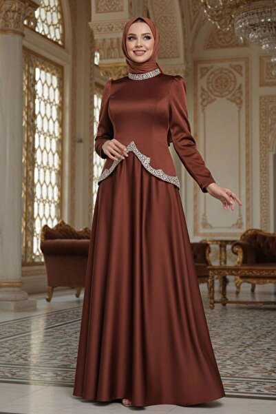 N.S NEVA STYLE Satin Brown Hijab Evening Dress 5459Kh