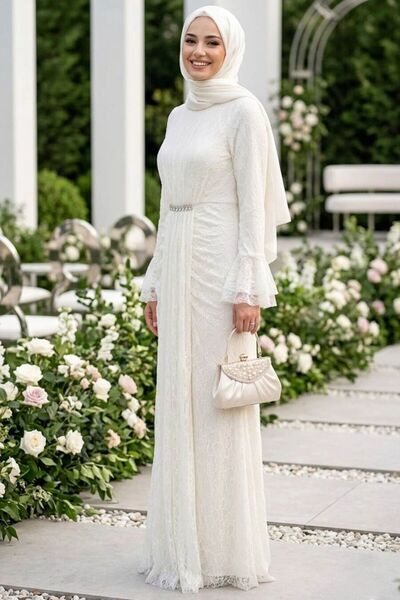 N.S NEVA STYLE Lace Cream Hijab Evening Dress 56621Kr