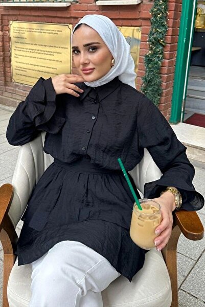 N.S NEVA STYLE Tulle Modal Ruffle Sleeve Black Hijab Tunic 95724S
