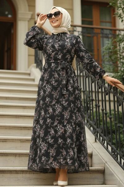 Neva Style Floral Patterned Black Hijab Dress 279047S