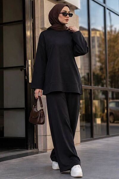 Neva Style Raglan Kol Yan Yırtmaçlı Oysho Kumaş Siyah Tesettür Pantolon Takım...