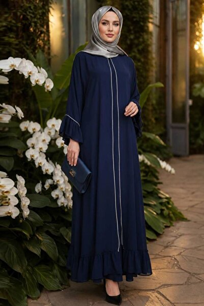 N.S NEVA STYLE Ruffle Detailed Navy Blue Hijab Evening Dress 4866L