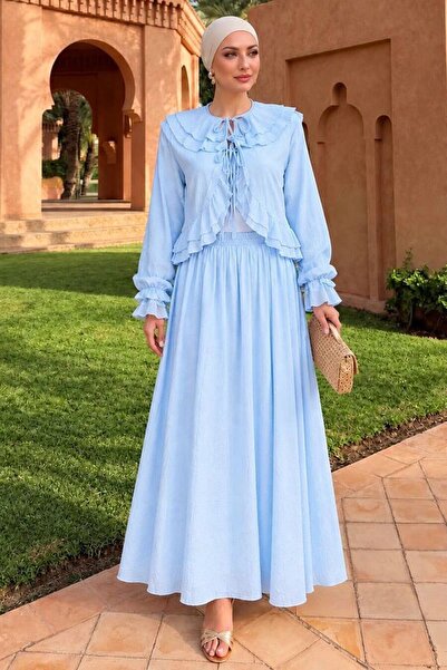 Neva Style Ruffled Baby Blue Hijab Shirt Skirt Set 1397Bm