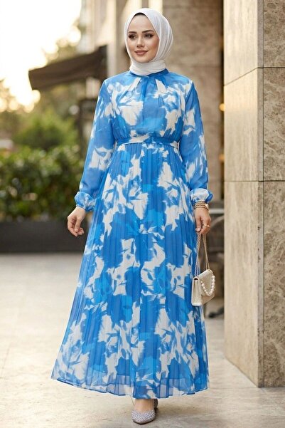 Neva Style Floral Print Indigo Blue Hijab Dress 344602 Im