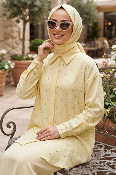 Neva Style Stone Detailed Yellow Strawberry Fabric Hijab Shirt 10861Sr