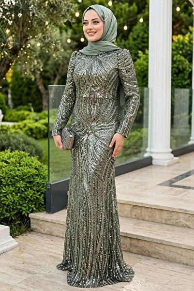 N.S NEVA STYLE - فستان سهرة كاكي مزين بالخرز 50651HK