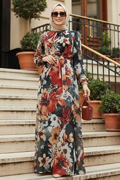 Neva Style Floral Pattern Mustard Hijab Dress 27925Hr
