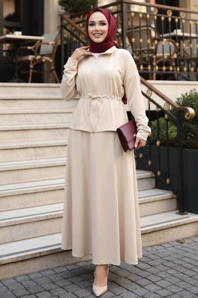 N.S NEVA STYLE Beige Hijab Double Set with Skirt 13251Bej