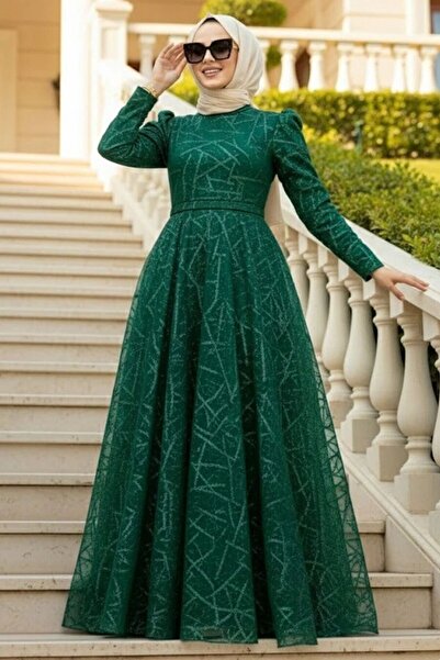 Neva Style Glitter Patterned Green Hijab Evening Dress 22282Y