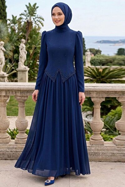 N.S NEVA STYLE Adriana Koyu İndigo Mavisi Taş Detaylı Tesettür Abiye 21592KIM