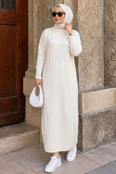 Neva Style Ekru Tesettür Triko Elbise 3409E