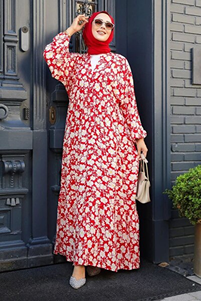 Neva Style Red Patterned Hijab Dress - 23586k