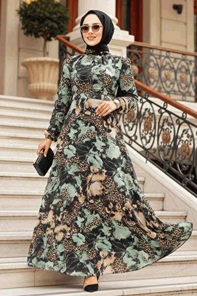 Neva Style Floral Patterned Mint Hijab Dress 279312Mint