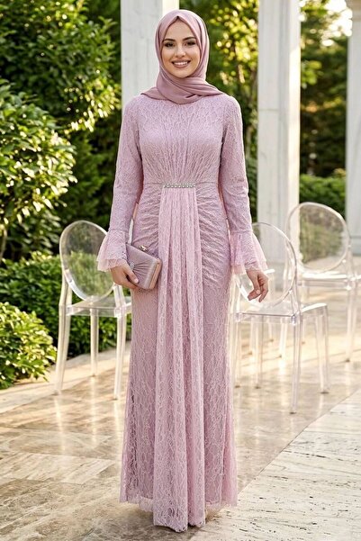 N.S NEVA STYLE Lace Pink Hijab Evening Dress 56621P