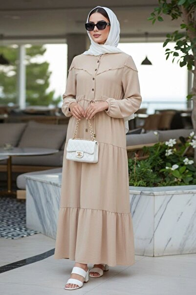 N.S NEVA STYLE فستان تيشرت بيج مطوي 10334BEJ