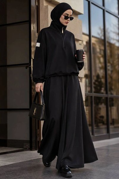 Neva Style High Collar Half Zipper Oysho Black Hijab Pants Set 14182S