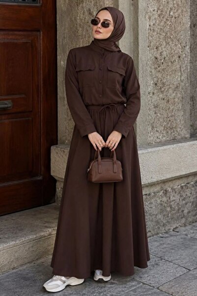 Neva Style Dark Brown Hijab Skirt Set with Front Pocket 1359Kkh