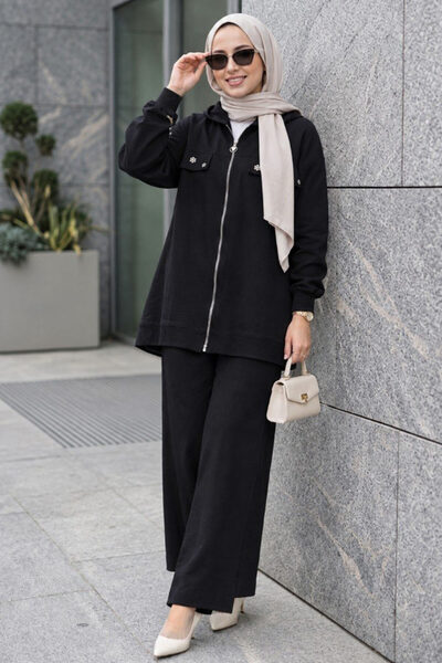 Neva Style Hooded Black Hijab Double Set 20121S