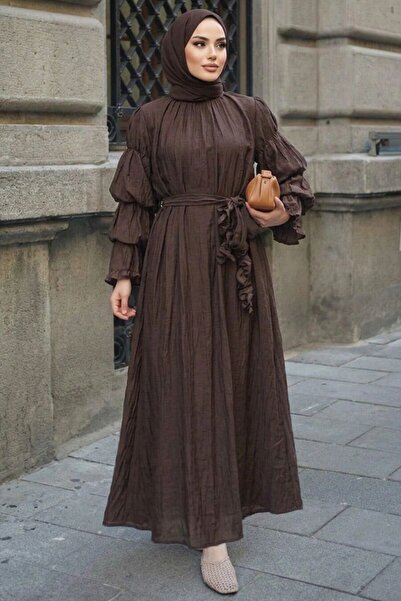 N.S NEVA STYLE Layered Sleeve Detailed Scarf Collar Brown Hijab Dress 26100Kh