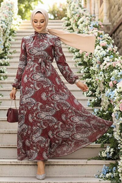 Neva Style Floral Patterned Burgundy Hijab Dress 279081Br