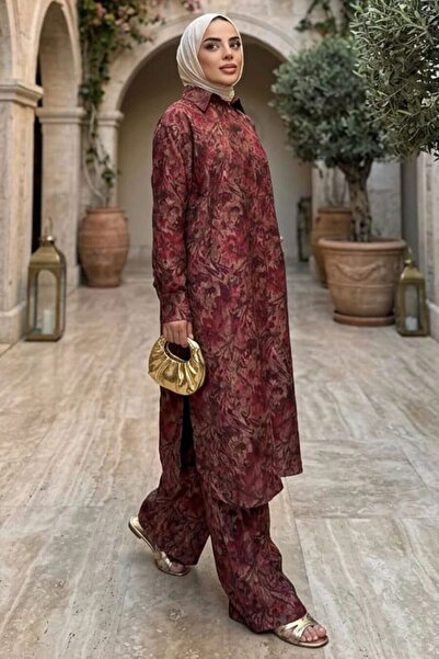Neva Style Etnik Desenli Gül Kurusu Tesettür Tunik Pantolon Takım 95727GK