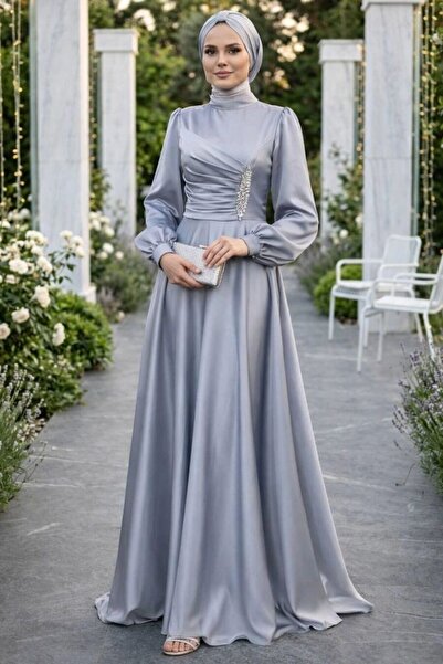 N.S NEVA STYLE Drape Detailed Gray Hijab Satin Evening Dress 6261Gr