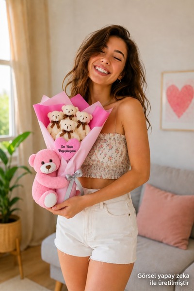 Pandamkee Sevgiliye Özel Romantik Peluş Ayıcık Buketi ve Yanında Sevimli Ayı ...
