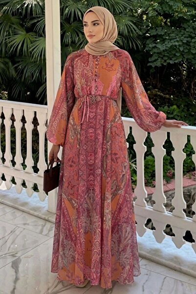 N.S NEVA STYLE Shawl Patterned Waist Tie Orange Hijab Dress 24960t