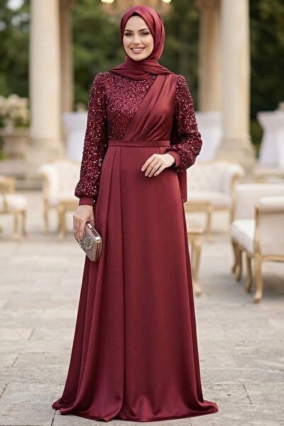 Neva Style فستان سهرة مطرز بالترتر باللون العنابي 2311BR