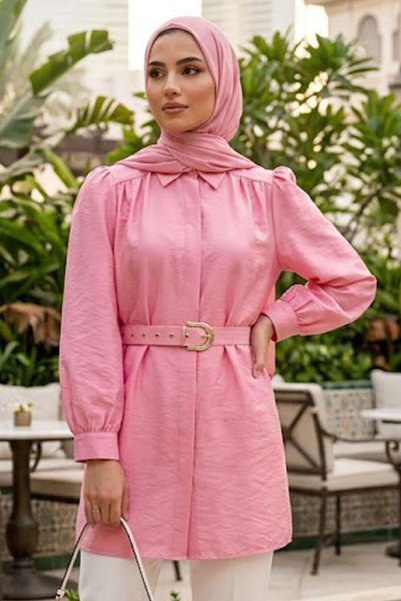 N.S NEVA STYLE طقم من حزام بإبزيم قطع تونيك حجابي وردي 5255P