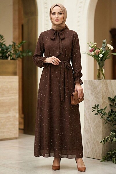 N.S NEVA STYLE Stone Detailed Scarf Collar Brown Hijab Dress 5335Kh