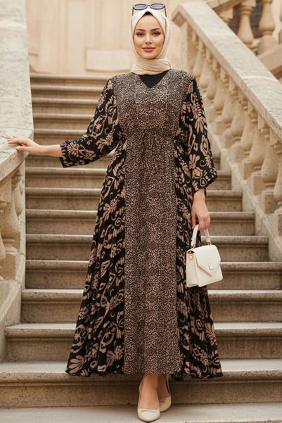 N.S NEVA STYLE Patterned Brown Hijab Dress 21301Kh
